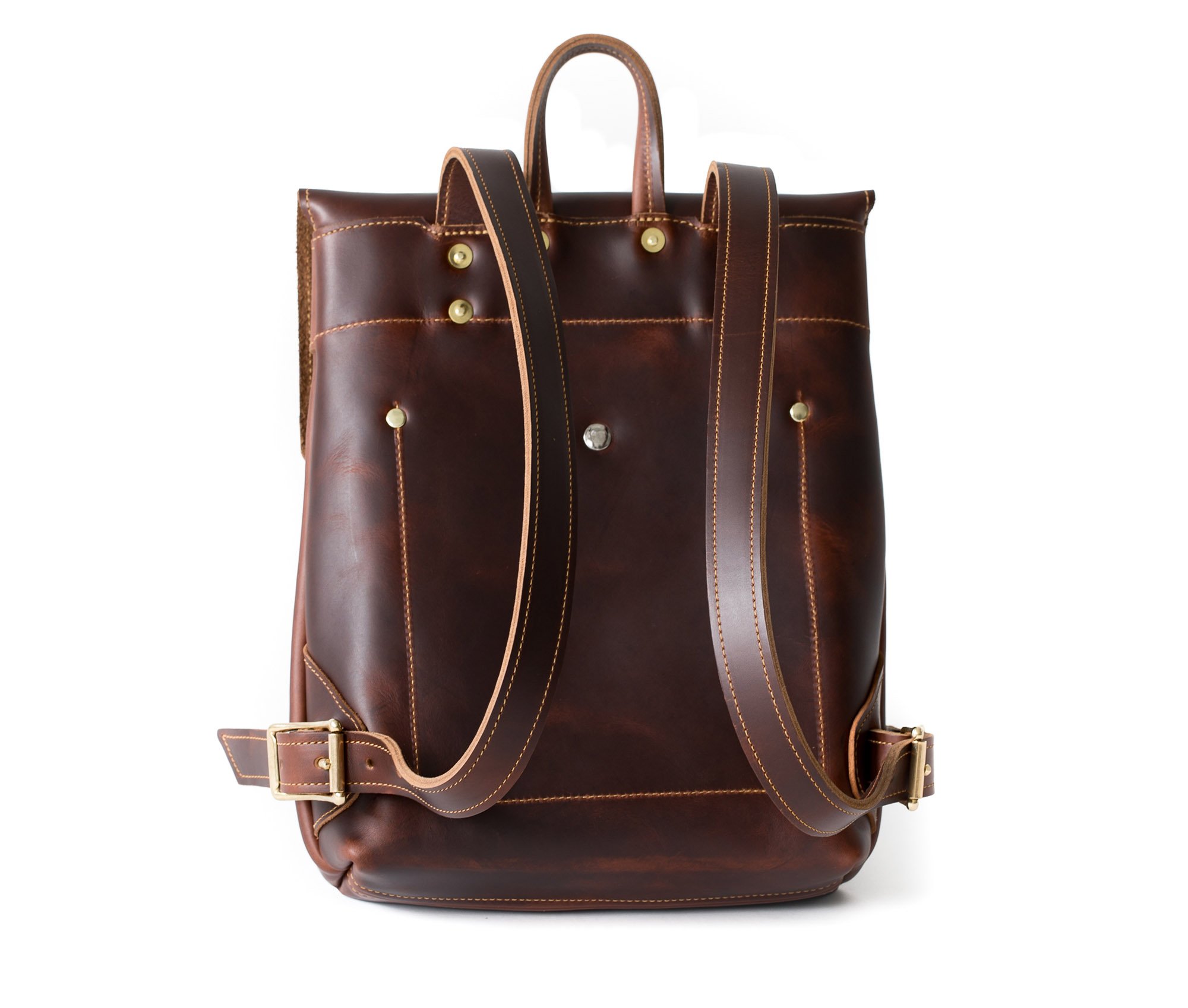 Stylish Leather Rucksack made from full grain leather with adjustable straps and exterior pocket.