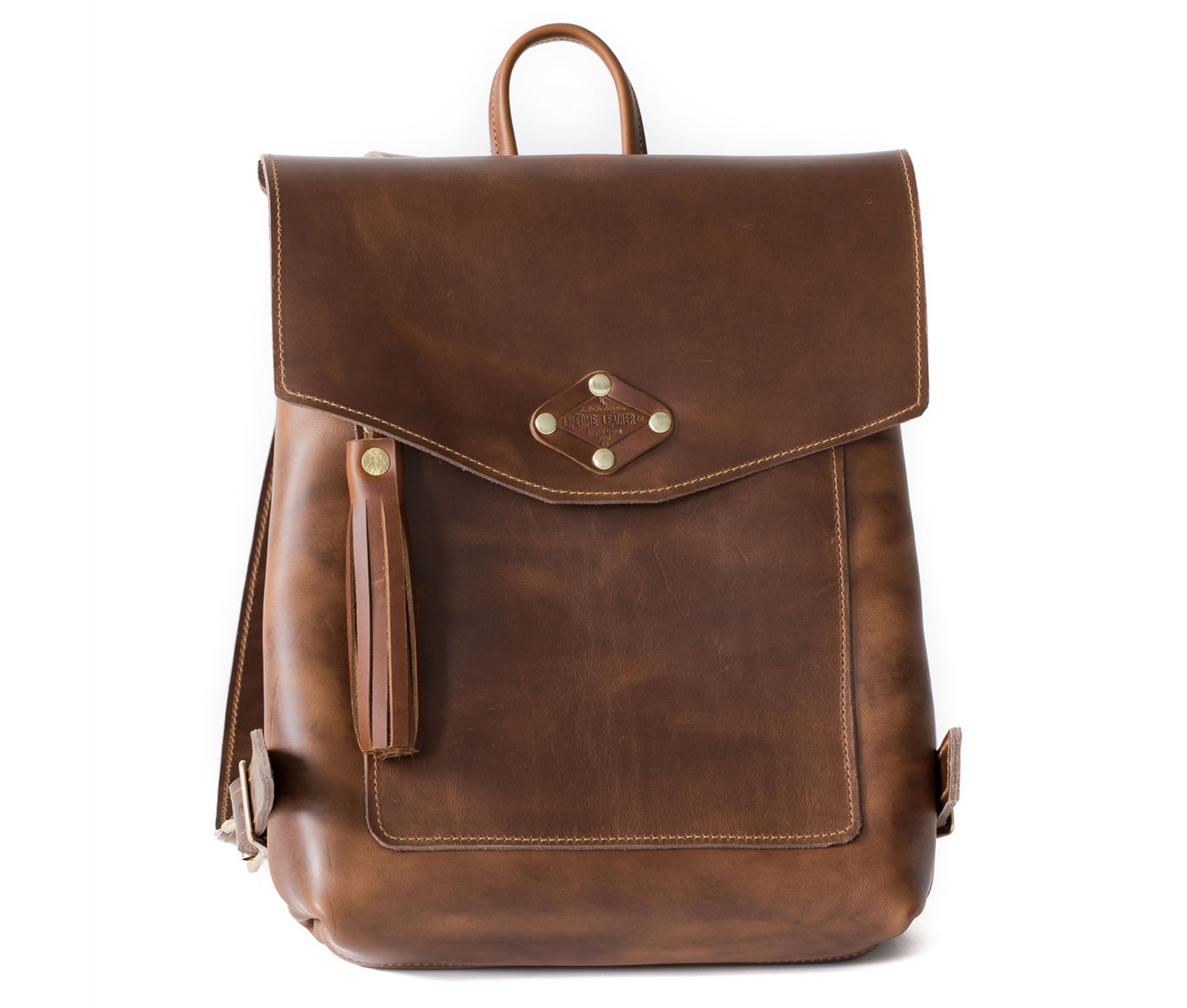 Stylish Leather Rucksack made from full grain leather with adjustable straps and exterior pocket.