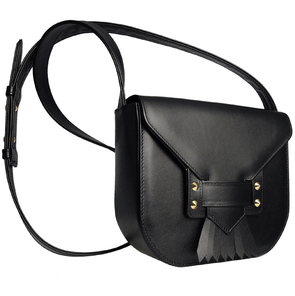 Black leather saddle bag with dovetail fringe clasp, handmade in Milan, featuring a spacious interior and stylish design.