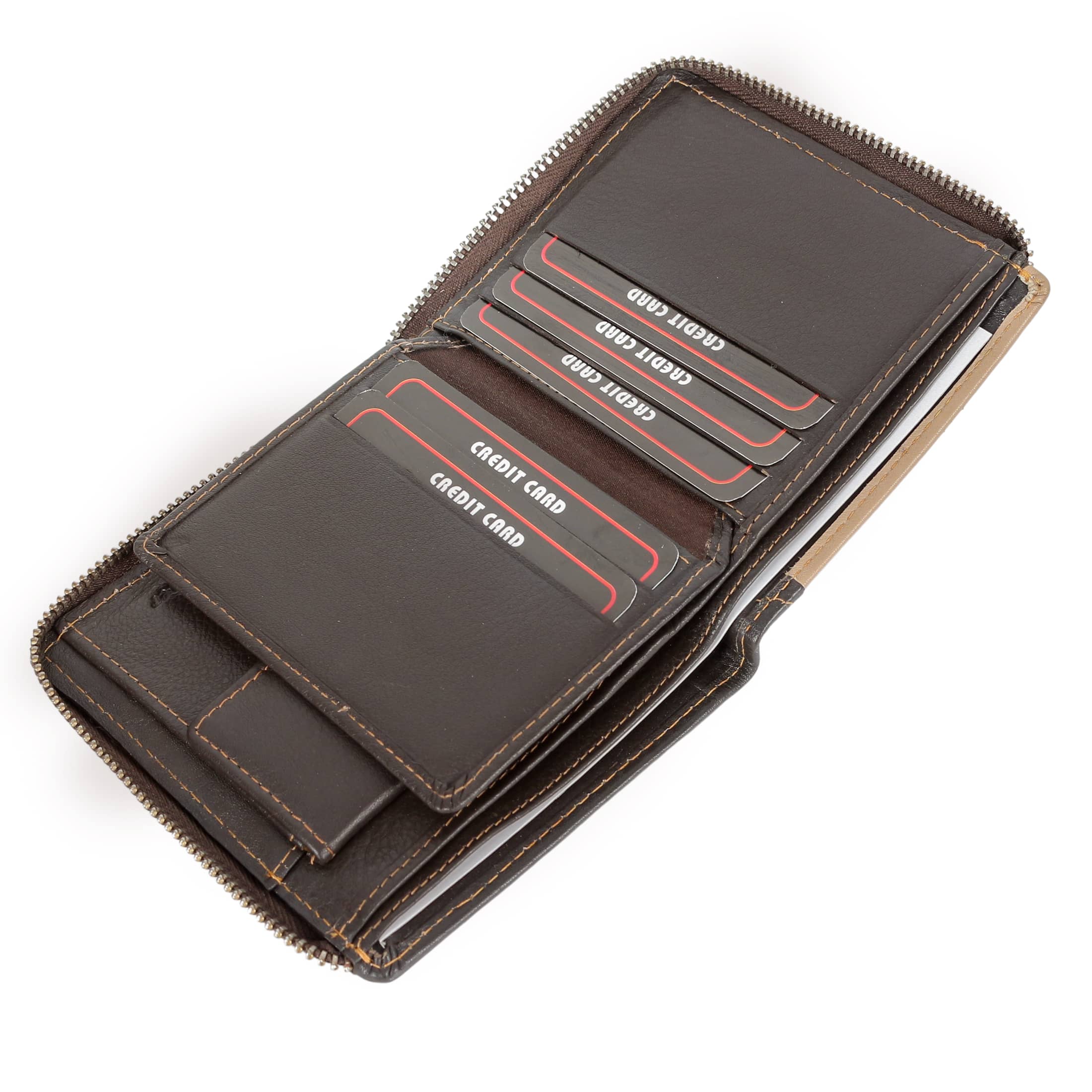 Leather Slim Wallet in black and brown colors, showcasing its elegant design and multiple compartments.