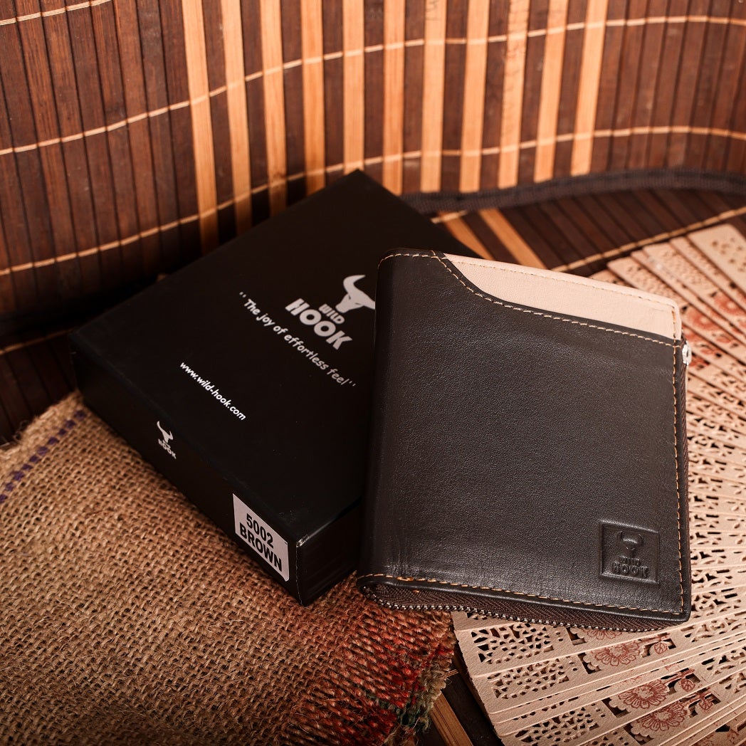 Leather Slim Wallet in black and brown colors, showcasing its elegant design and multiple compartments.