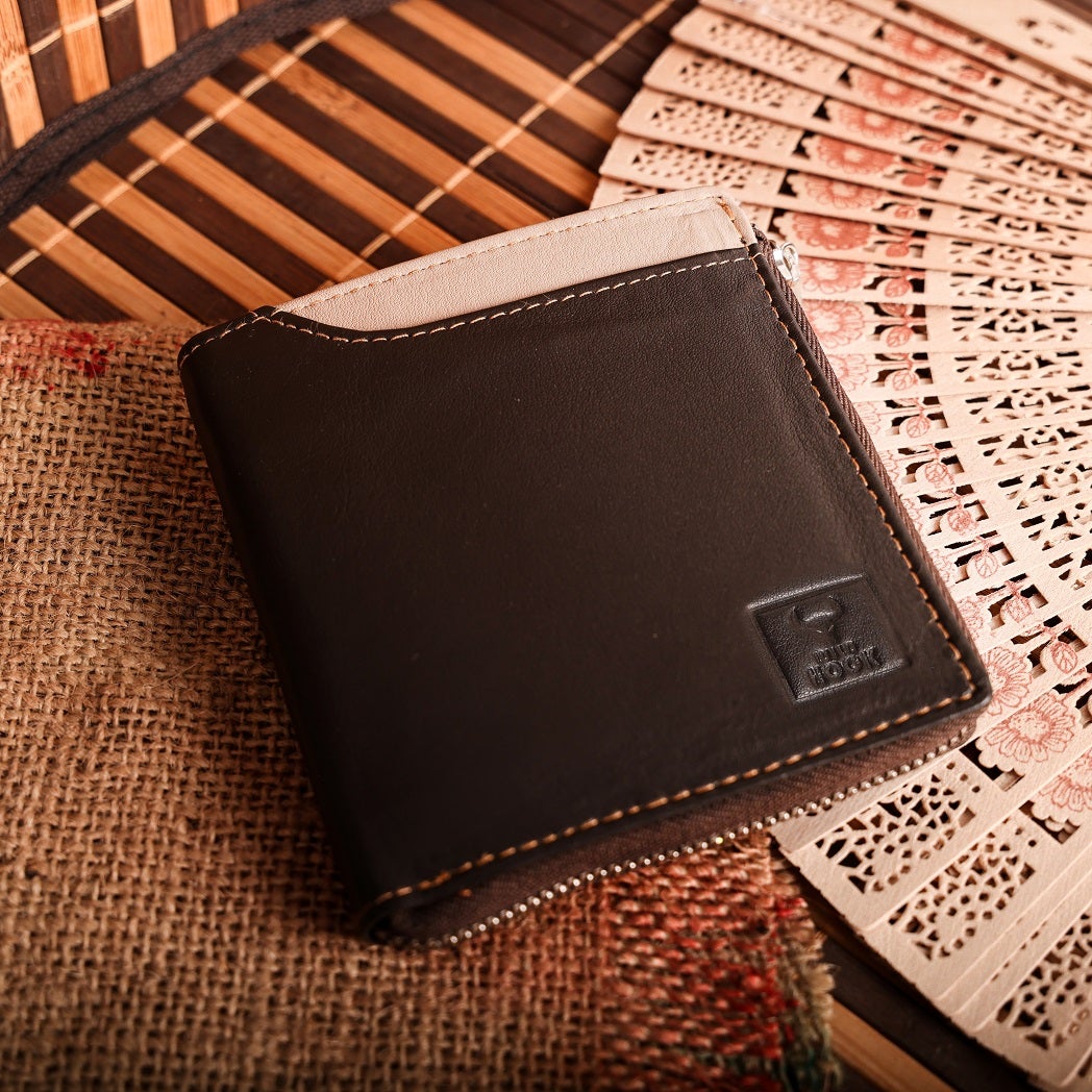 Leather Slim Wallet in black and brown colors, showcasing its elegant design and multiple compartments.