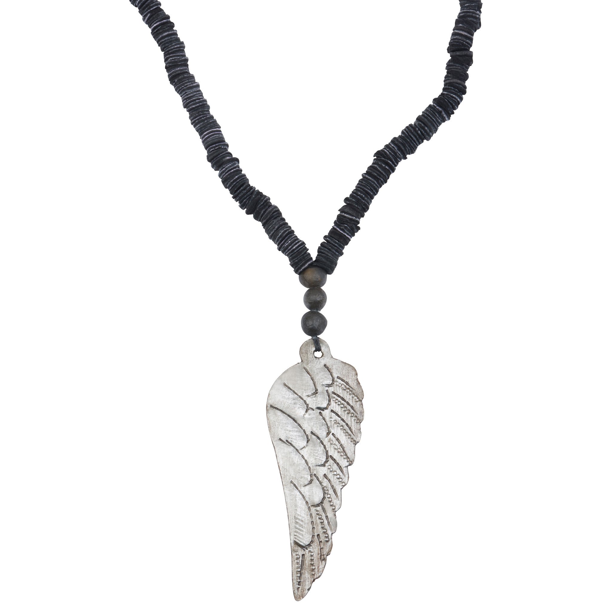 Leather Wing Necklace featuring a hammered metal wing and handmade clay beads, elegantly crafted from high-quality cowhide.