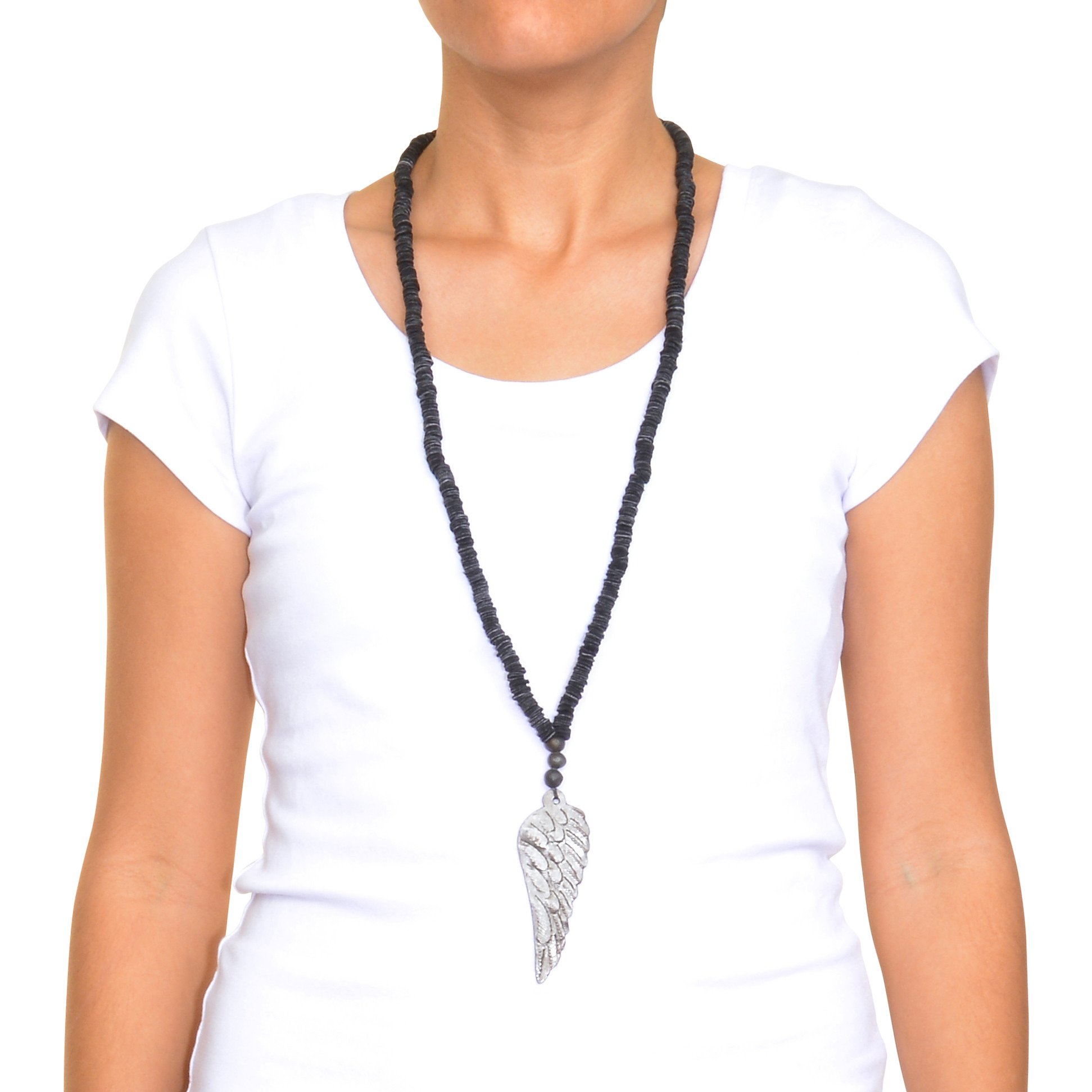 Leather Wing Necklace featuring a hammered metal wing and handmade clay beads, elegantly crafted from high-quality cowhide.