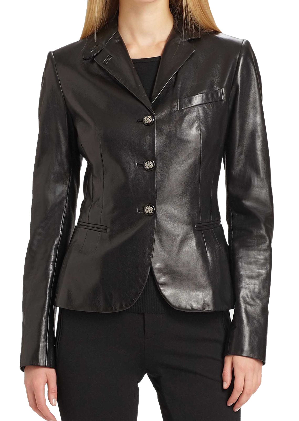 Leathers Women's Real Lambskin Leather Blazer BW014, showcasing its soft texture, satin lining, and stylish design with pockets.