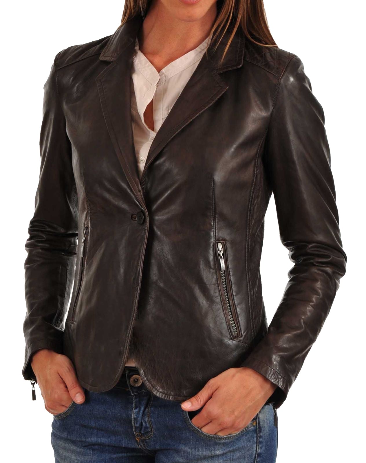 Leathers Women's Real Lambskin Leather Blazer BW002 featuring high-quality leather, satin lining, and stylish design with pockets.