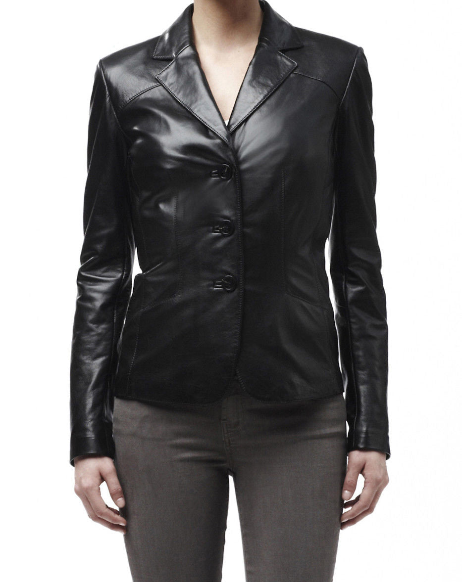 Leathers Women's Real Lambskin Leather Blazer BW021 featuring high-quality leather, satin lining, and stylish design with pockets.