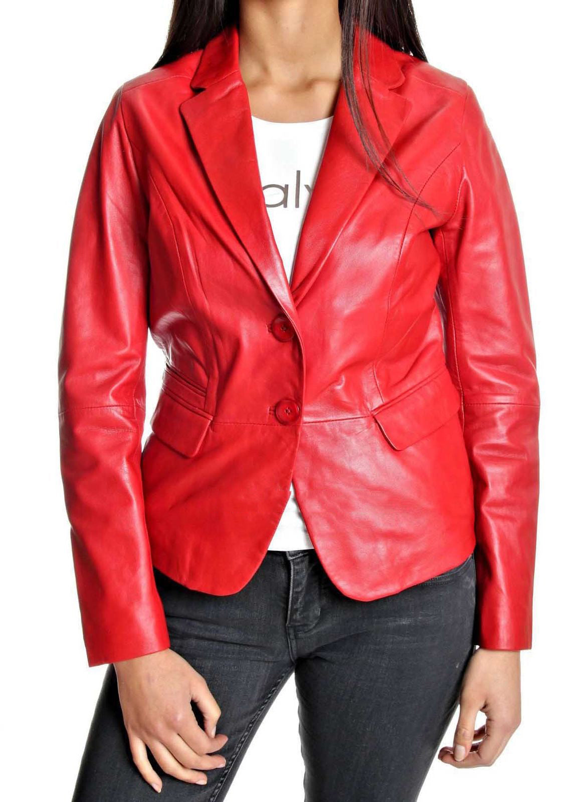 Leathers Women's Real Lambskin Leather Blazer BW024 featuring high-quality leather, satin lining, and stylish design with pockets.