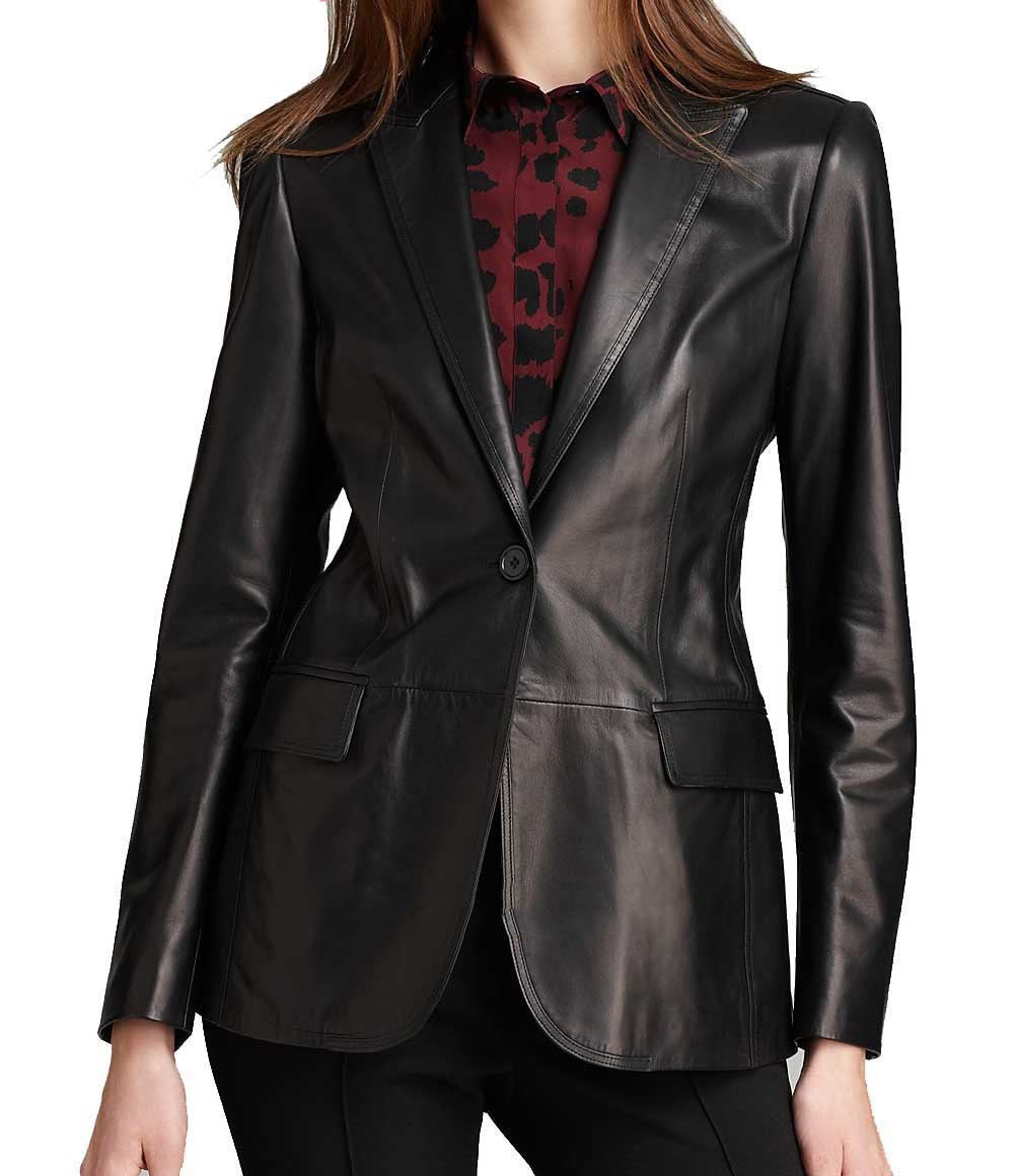 Leathers Women's Real Lambskin Leather Blazer BW025 featuring high-quality leather, satin lining, and stylish design with pockets.