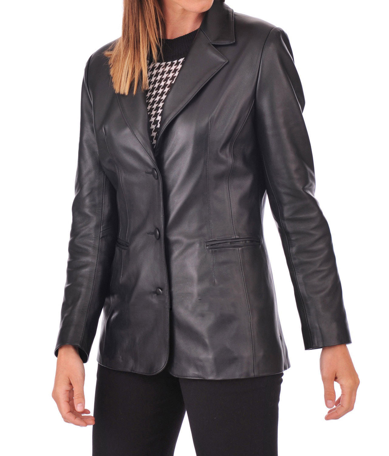 Leathers Women's Real Lambskin Leather Blazer BW030 featuring high-quality leather, satin lining, and stylish design with pockets.