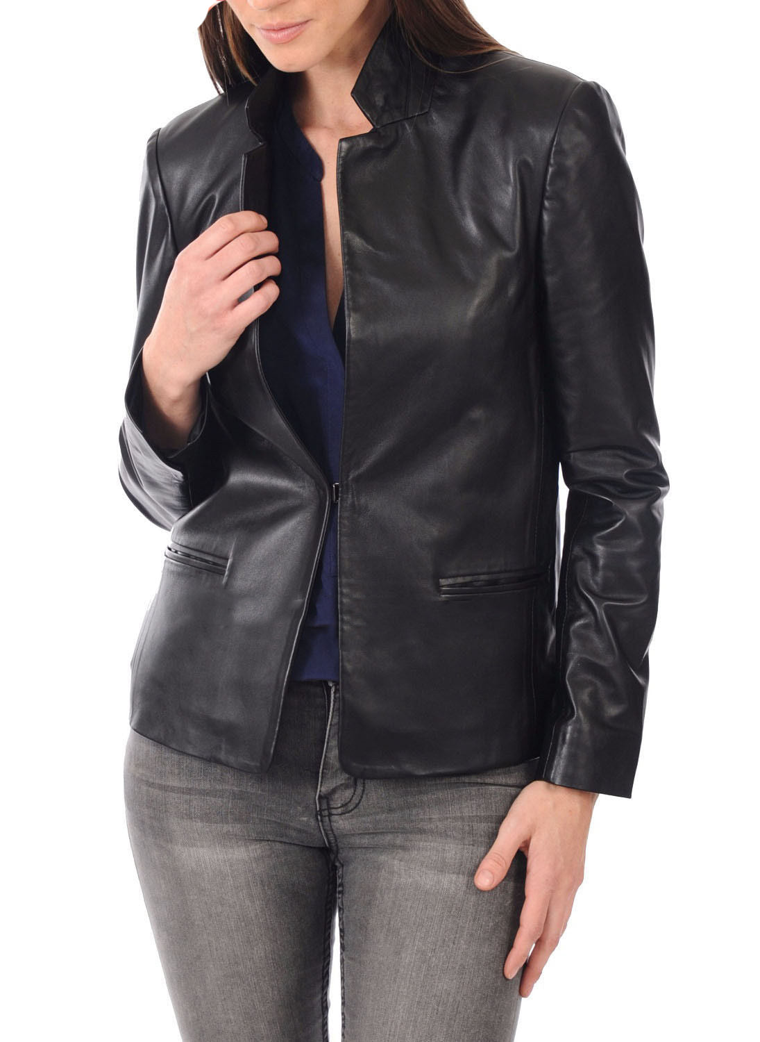 Leathers Women's Real Lambskin Leather Blazer BW031 featuring high-quality leather, satin lining, and stylish design with pockets.