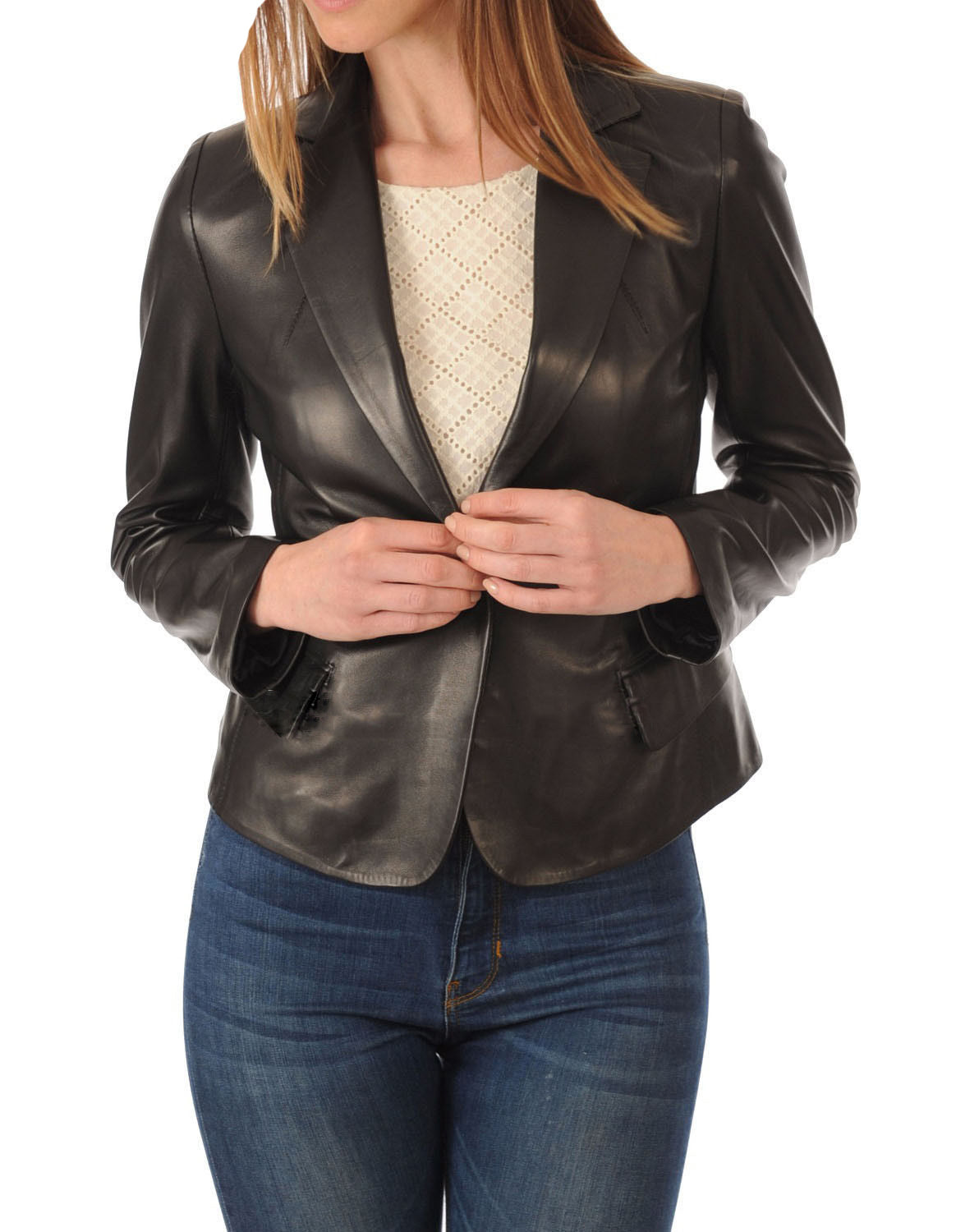 Leathers Women's Real Lambskin Leather Blazer BW037 featuring high-quality leather, satin lining, and stylish design with pockets.