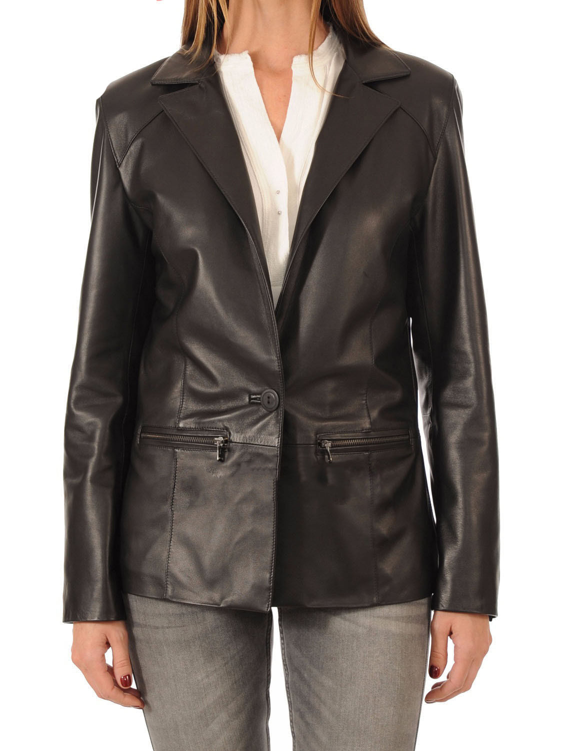 Leathers Women's Real Lambskin Leather Blazer BW041 featuring high-quality leather, satin lining, and stylish design with pockets.