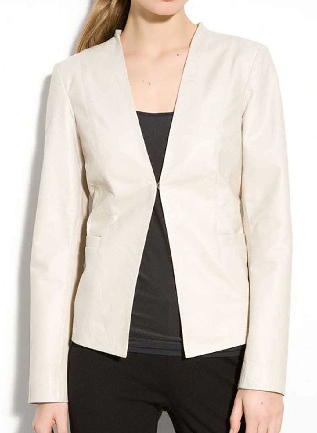 A stylish women's real lambskin leather blazer in black, featuring high-quality hardware and satin lining, perfect for any occasion.