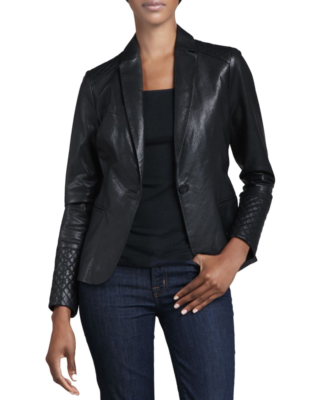 Leathers Women's Real Lambskin Leather Blazer BW050 featuring high-quality leather, satin lining, and stylish design.