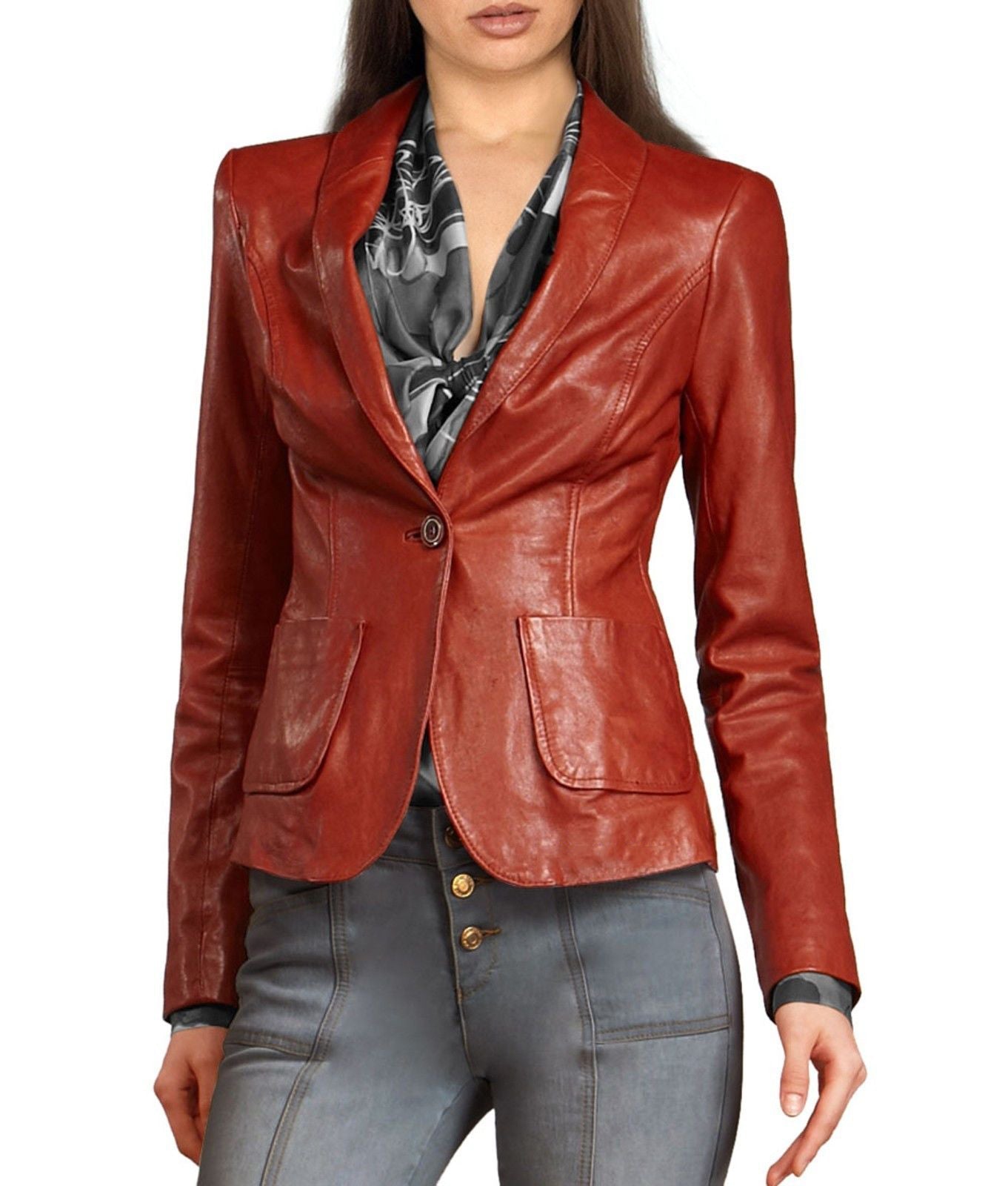 Leathers Women's Real Lambskin Leather Blazer BW054 featuring high-quality leather, satin lining, and stylish design.