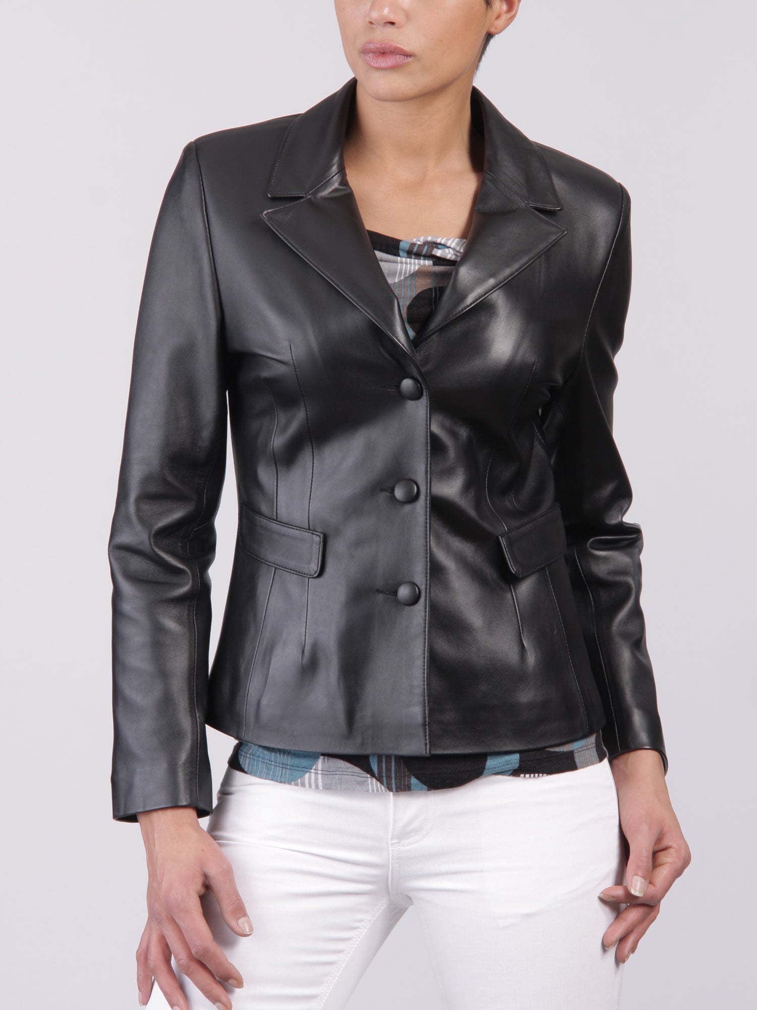 Leathers Women's Real Lambskin Leather Blazer BW058, showcasing high-quality leather, satin lining, and stylish design with pockets.