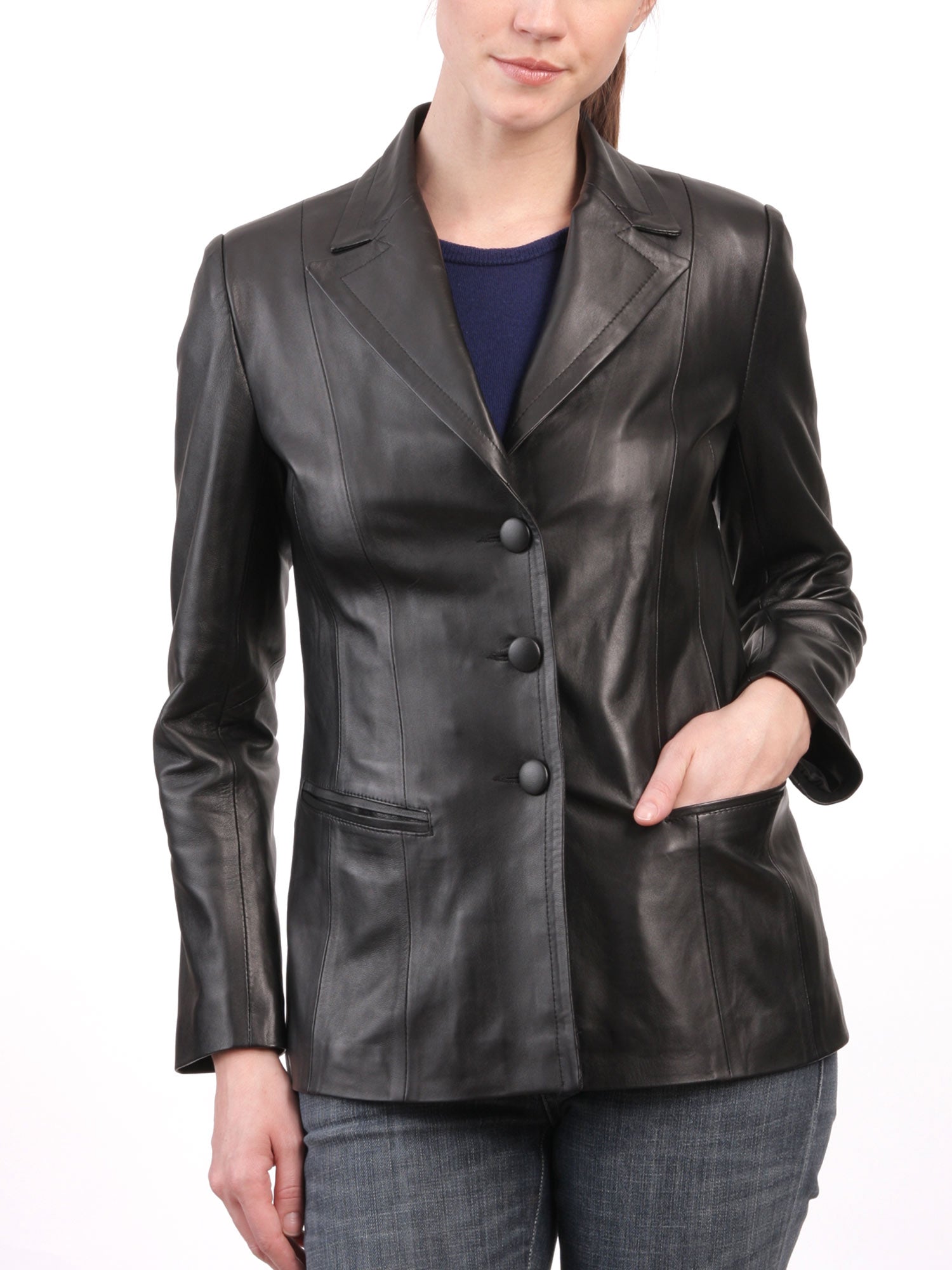 Leathers Women's Real Lambskin Leather Blazer BW061 featuring high-quality leather, satin lining, and stylish design with pockets.