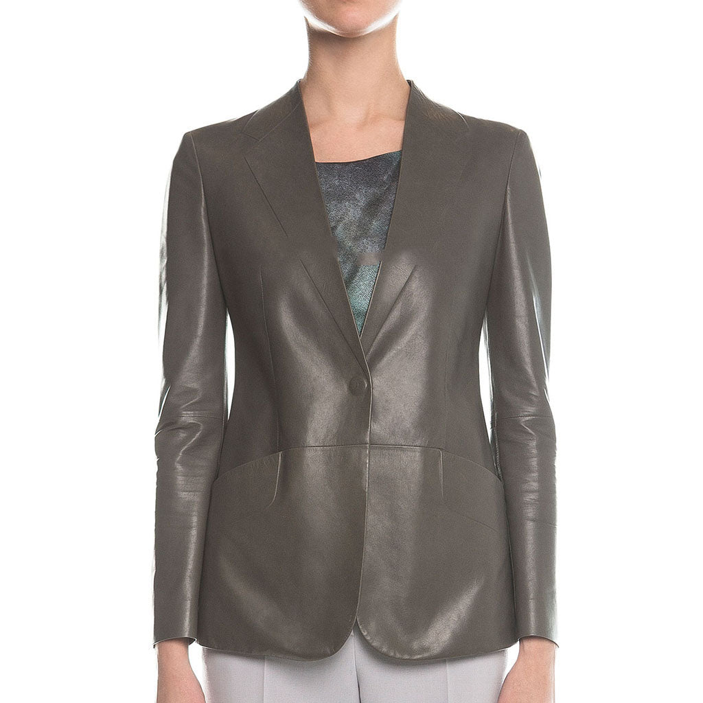 Leathers Women's Real Lambskin Leather Blazer BW072 featuring high-quality leather, satin lining, and stylish design with pockets.