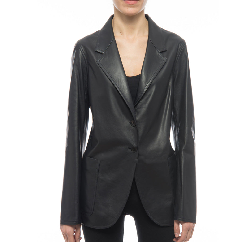 Leathers Women's Real Lambskin Leather Blazer BW079 showcasing its elegant design, soft lambskin leather, and satin lining.