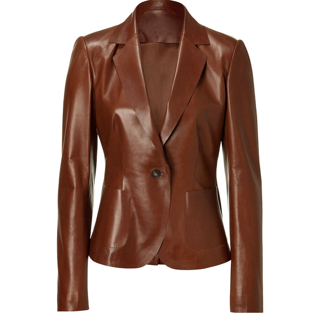 Leathers Women's Real Lambskin Leather Blazer BW080, showcasing its soft texture, satin lining, and stylish design with pockets.