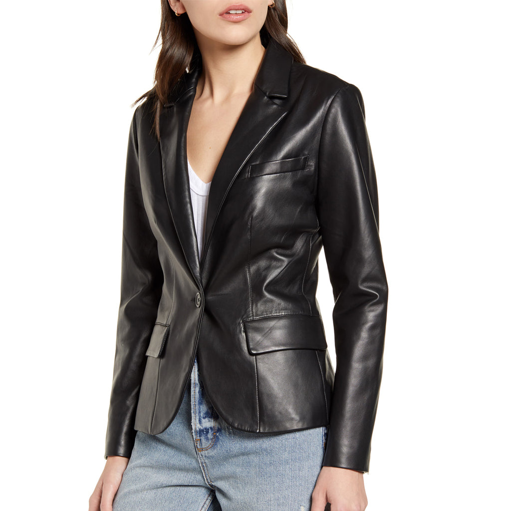 Leathers Women's Real Lambskin Leather Blazer BW087, showcasing high-quality leather, satin lining, and stylish design with pockets.