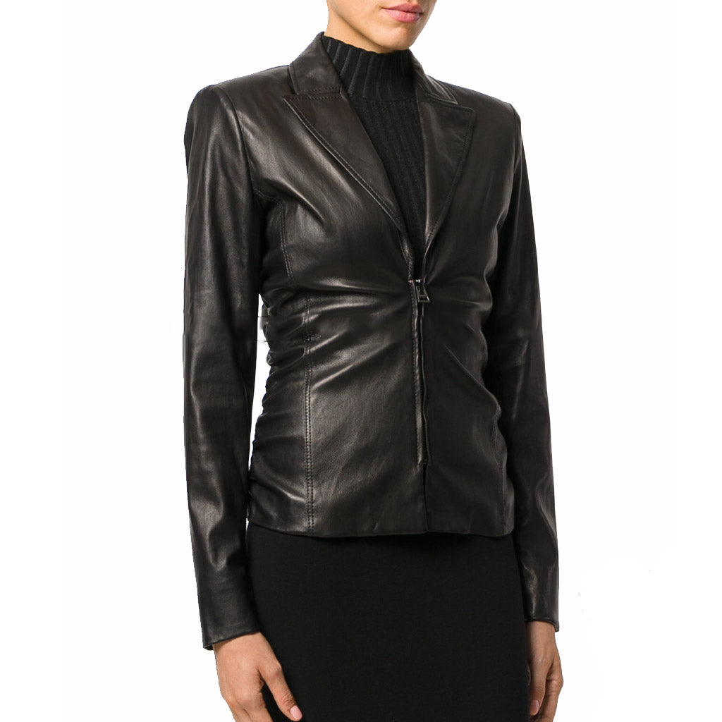 Leathers Women's Real Lambskin Leather Blazer BW098 featuring high-quality leather, satin lining, and stylish design with pockets.