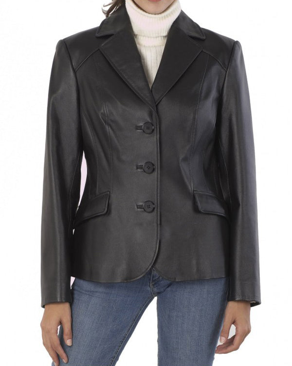 Leathers Women's Real Lambskin Leather Blazer BW103 showcasing its soft texture, stylish design, and high-quality hardware.