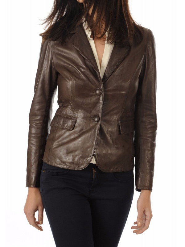 Leathers Women's Real Lambskin Leather Blazer BW104 featuring high-quality leather, satin lining, and stylish design with pockets.