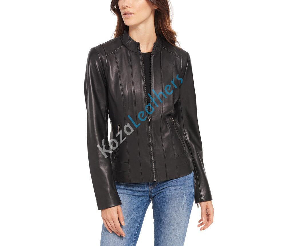 Leathers Women's Real Lambskin Leather Bomber Jacket KW097 featuring high-quality leather, satin lining, and stylish motorcycle design.