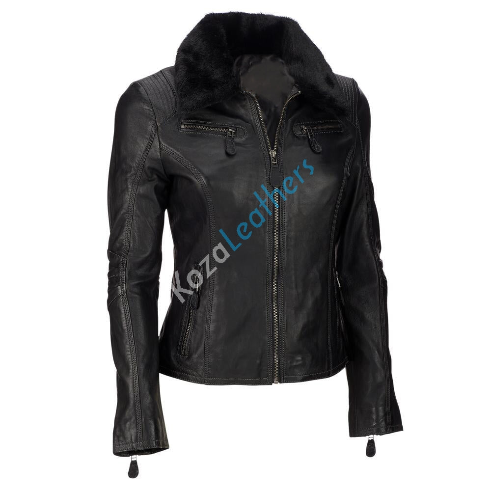 Leathers Women's Real Lambskin Leather Bomber Jacket KW110 featuring high-quality leather, satin lining, and stylish design with pockets.