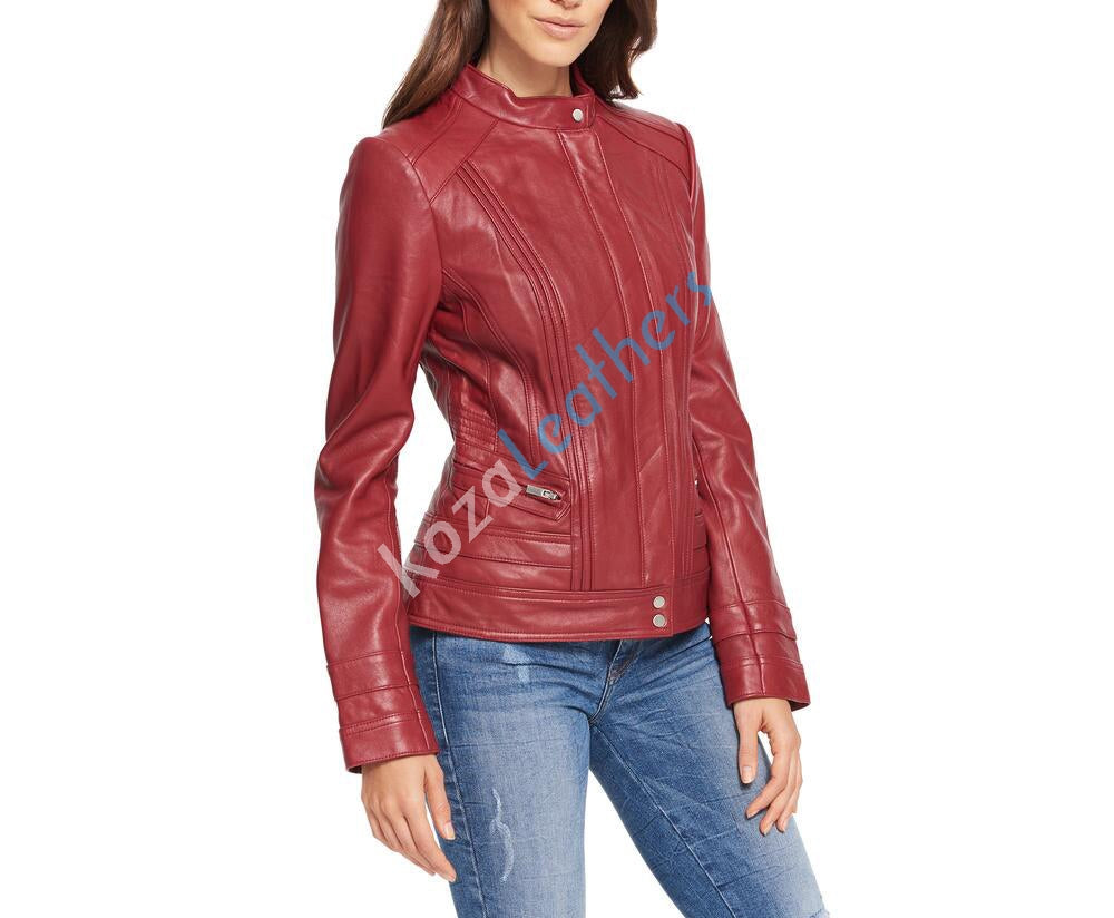 Leathers Women's Real Lambskin Leather Bomber Jacket KW103 featuring a stylish motorcycle design with satin lining and YKK zipper.