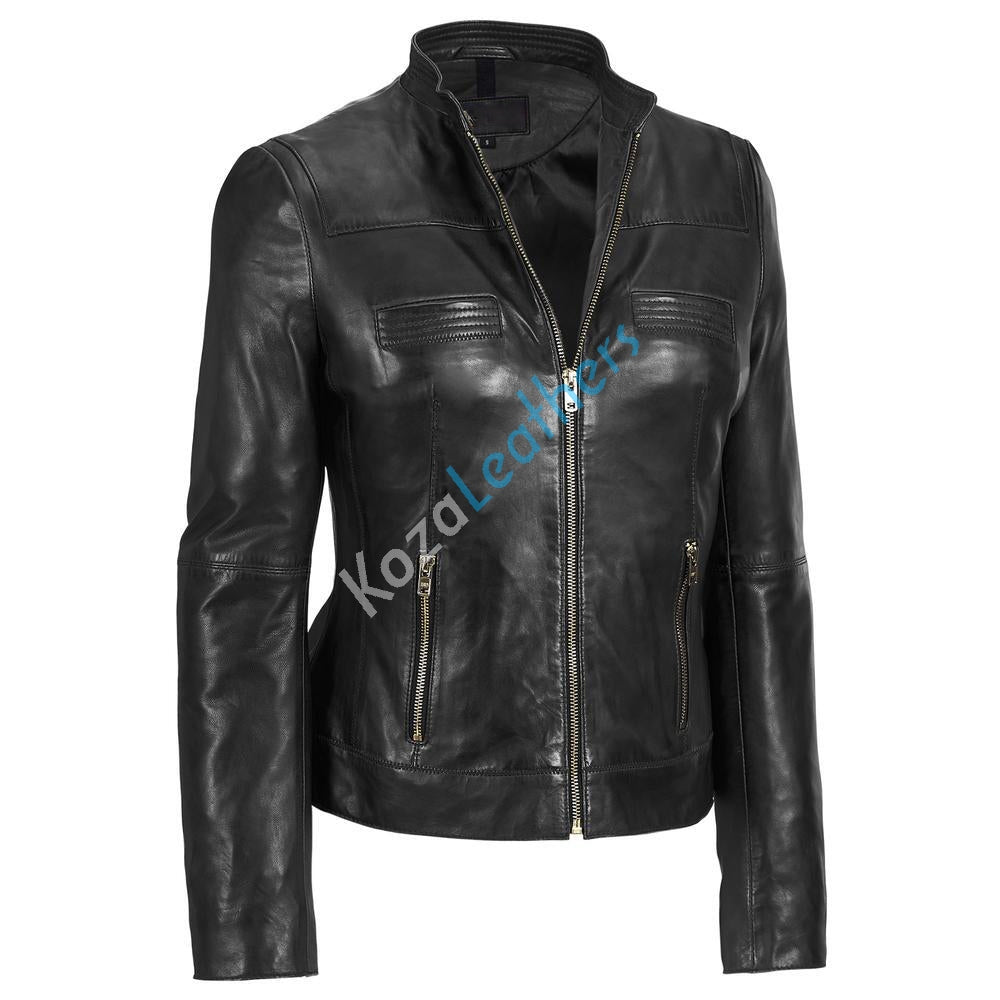 Leathers Women's Real Lambskin Leather Bomber Jacket KW126, featuring a sleek design, high-quality leather, and satin lining.