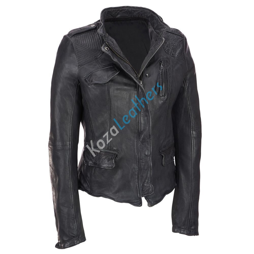 Leathers Women's Real Lambskin Leather Bomber Jacket KW115, featuring high-quality leather, satin lining, and stylish motorcycle design.