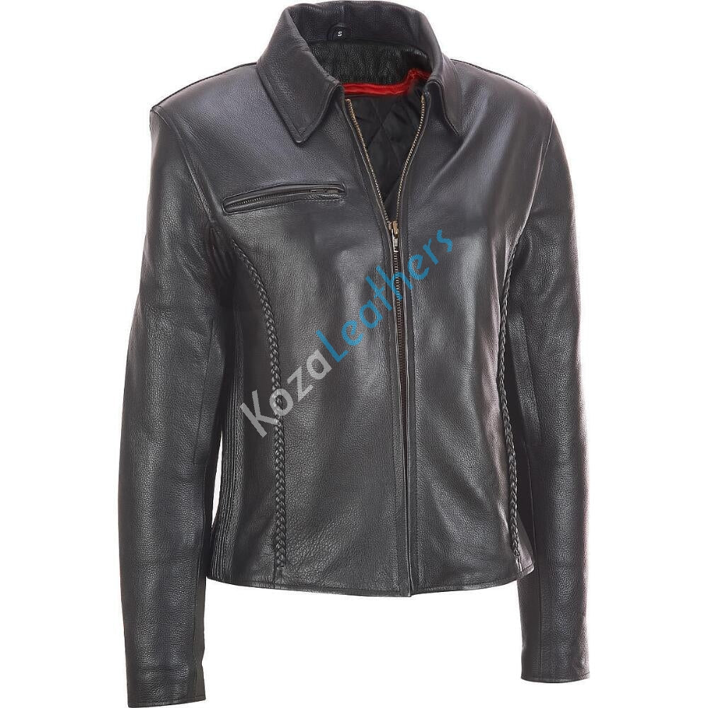 Leathers Women's Real Lambskin Leather Bomber Jacket KW169 featuring high-quality leather, satin lining, and stylish motorcycle design.