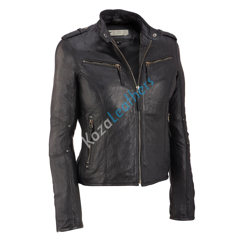 Leathers Women's Real Lambskin Leather Bomber Jacket KW118, showcasing its soft lambskin leather, stylish design, and satin lining.