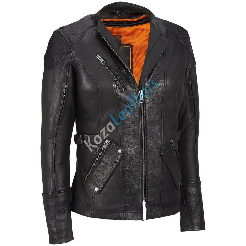 Leathers Women's Real Lambskin Leather Bomber Jacket KW180, showcasing its soft lambskin leather, satin lining, and stylish design.