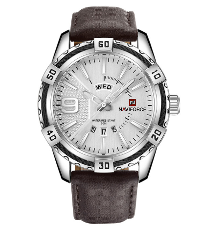 Leisure Army Military Design Men's Quartz Watch featuring a stainless steel case and high-quality leather band, showcasing a rugged military style.