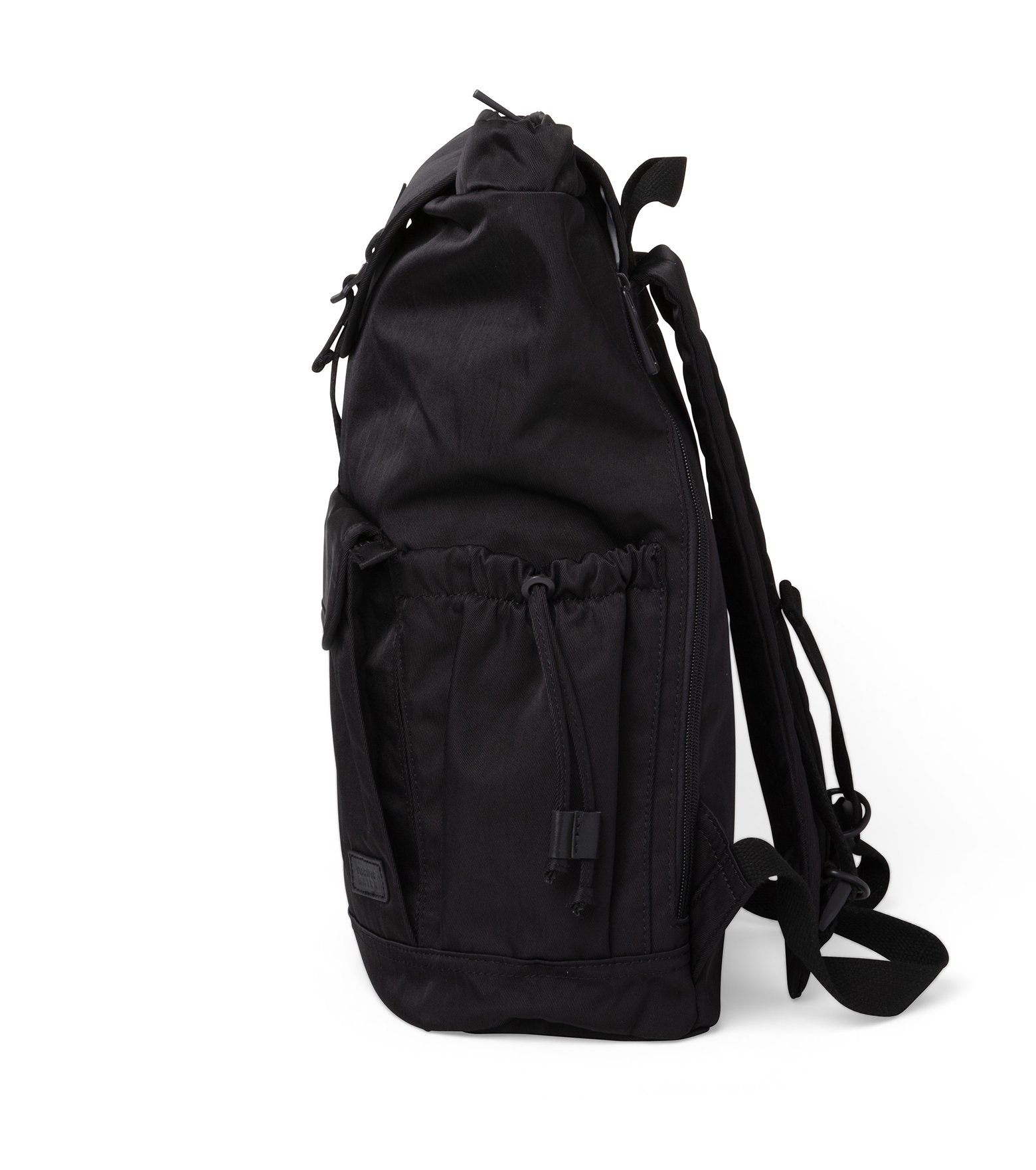 Lieu Black Backpack featuring a modern design with water-repellent nylon and leather accents, ideal for adventurers.