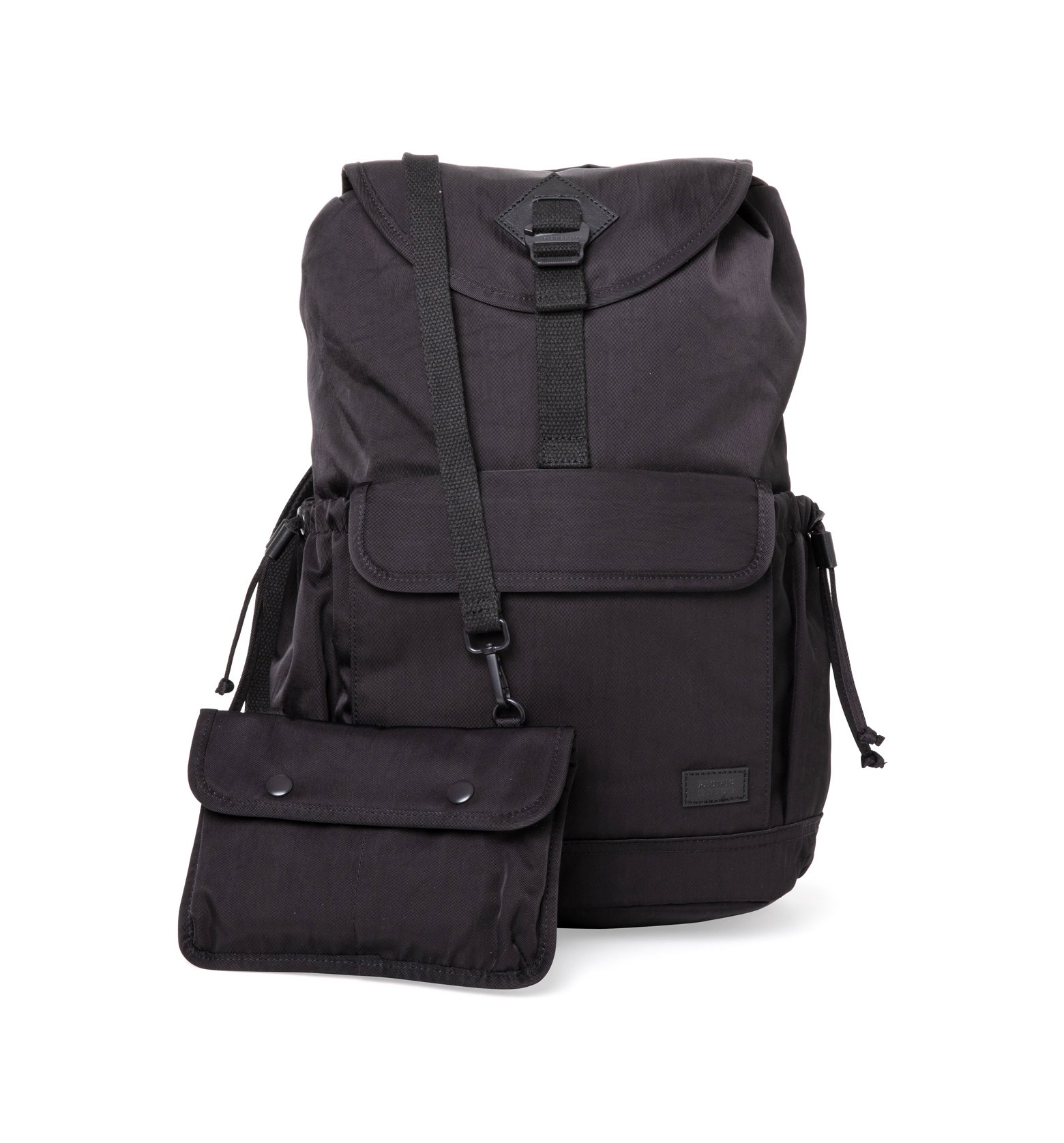 Lieu Black Backpack featuring a modern design with water-repellent nylon and leather accents, ideal for adventurers.