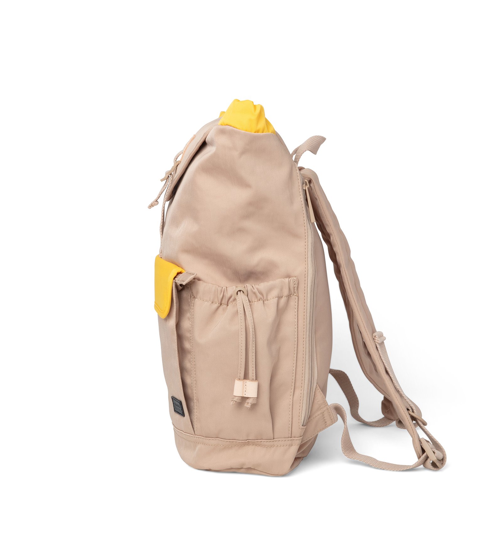 Lieu Camel x Butter Scotch Backpack featuring a modern design with water-repellent nylon and leather accents, ideal for adventurers.