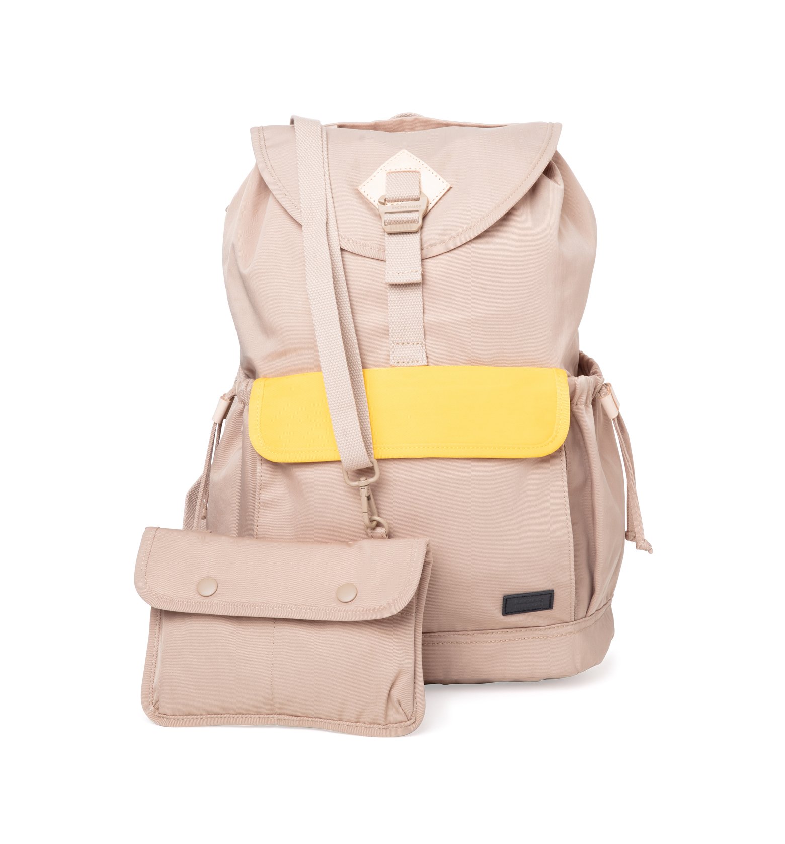 Lieu Camel x Butter Scotch Backpack featuring a modern design with water-repellent nylon and leather accents, ideal for adventurers.