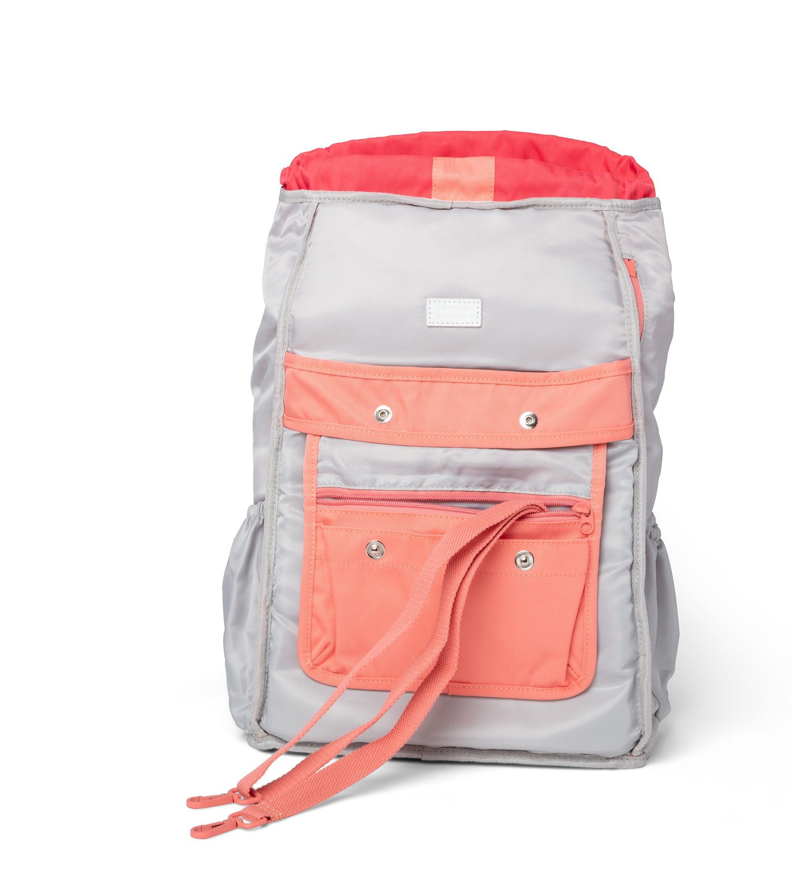 Lieu Coral x Crimson Backpack featuring a modern design with water-repellent nylon and leather accents, ideal for adventures.