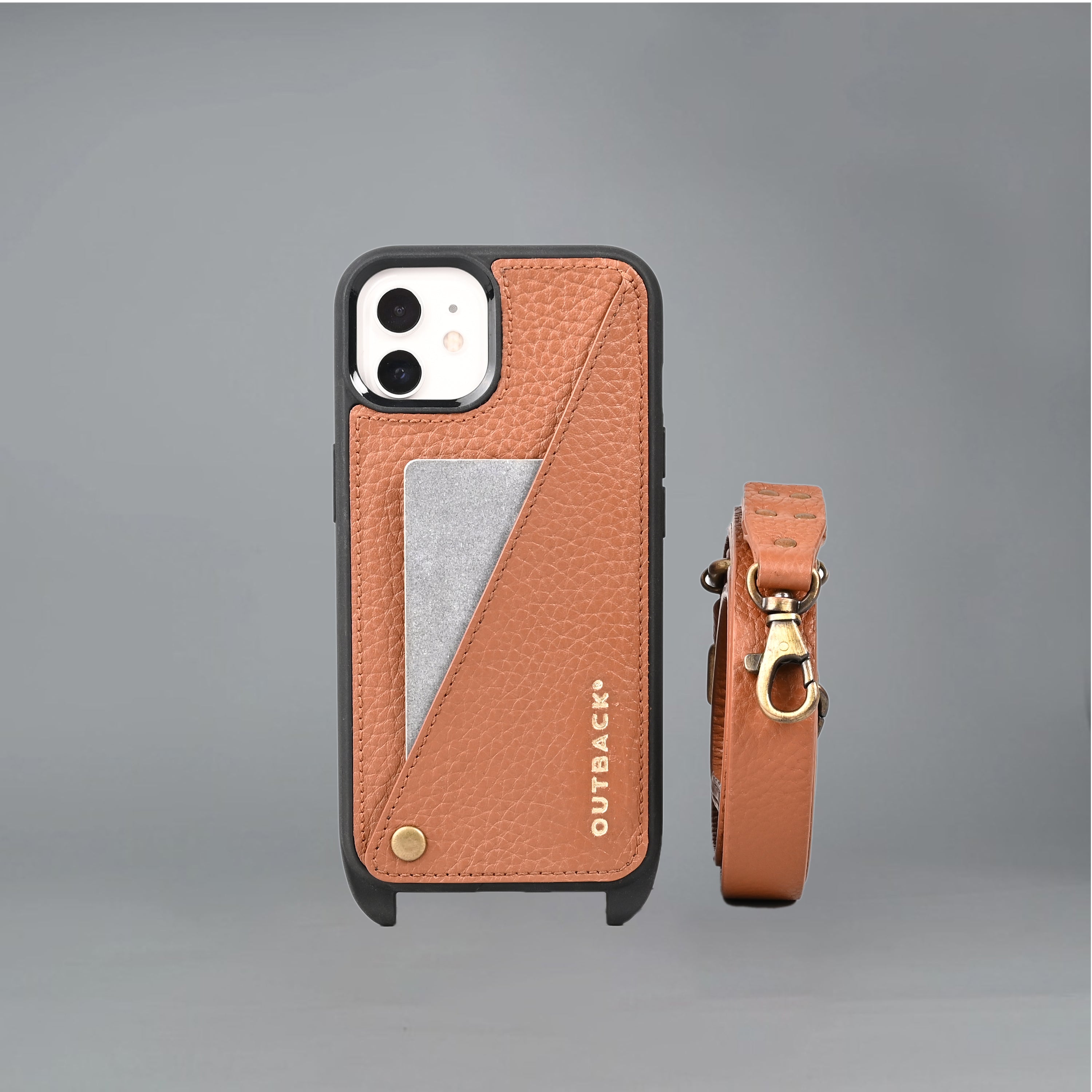 Lifestyle iPhone Case made from full grain leather with adjustable crossbody strap and external pocket for cash and cards.