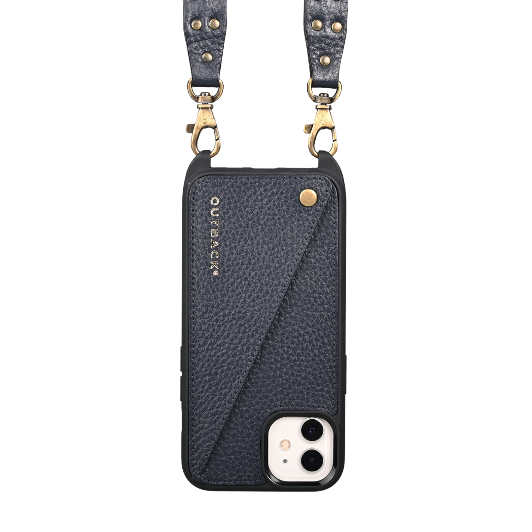 Lifestyle iPhone Case made from full grain leather with adjustable crossbody strap and external pocket for cash and cards.