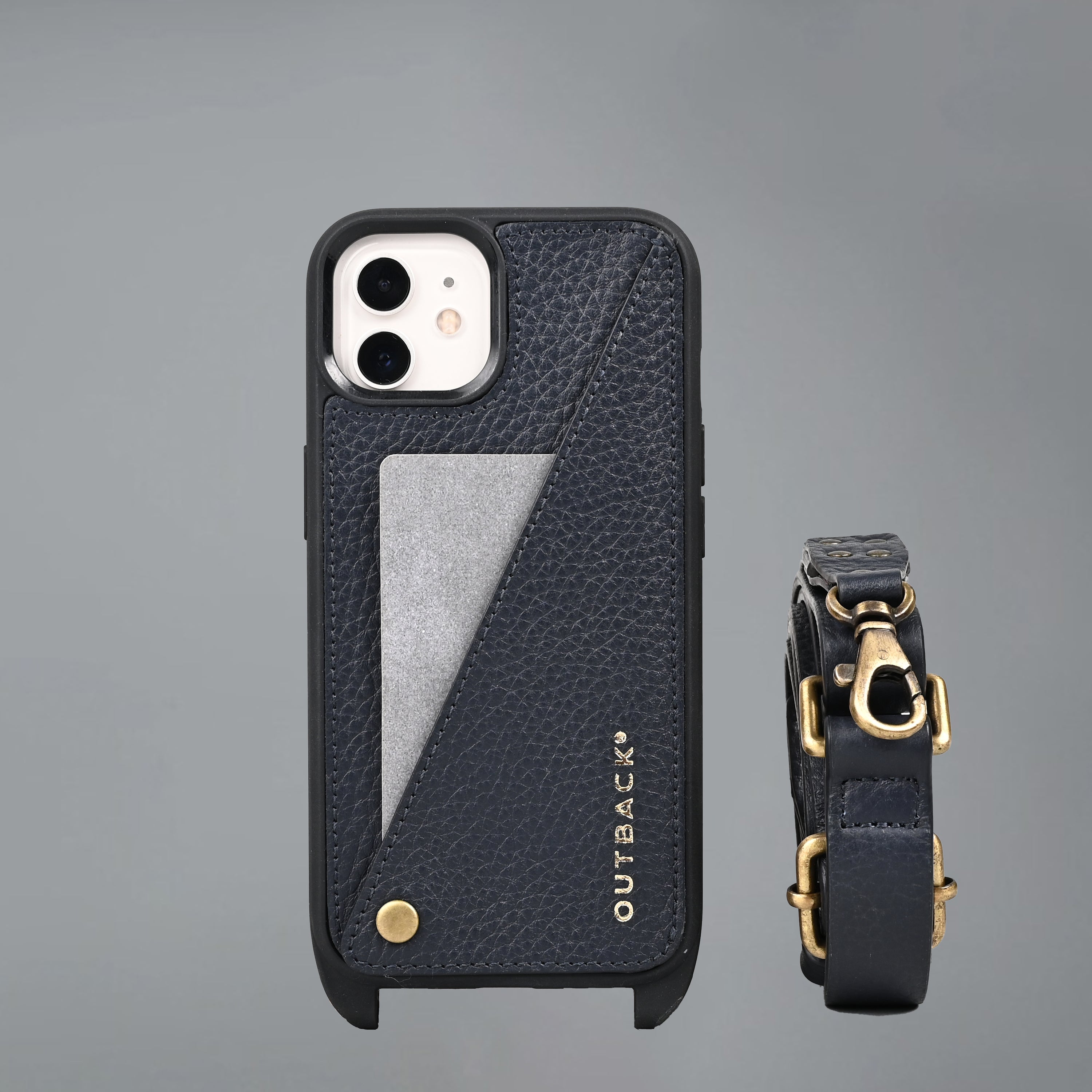 Lifestyle iPhone Case made from full grain leather with adjustable crossbody strap and external pocket for cash and cards.