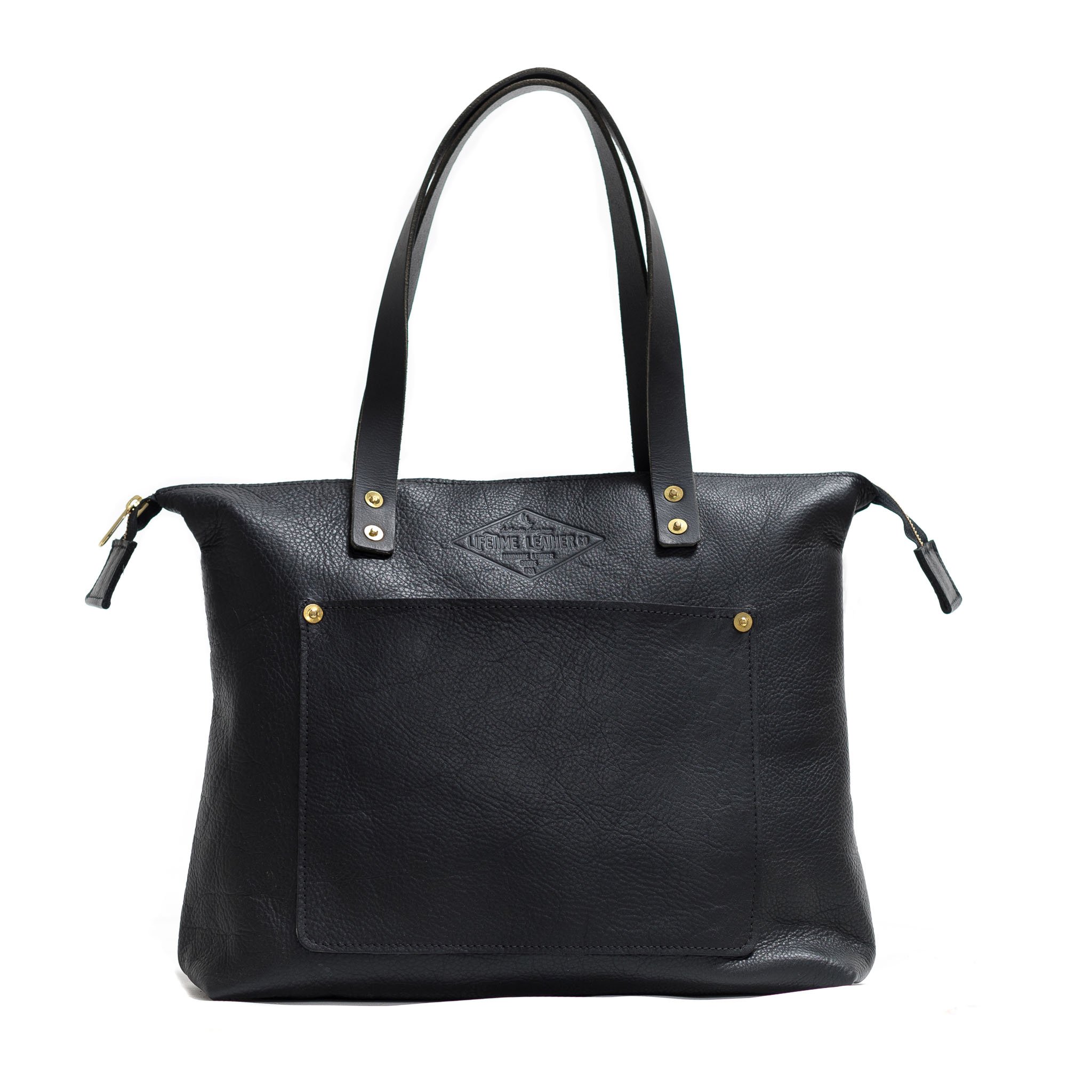 Lifetime Zippered Tote in Pebble leather, featuring a zippered top, front pocket, and interior organization pockets.