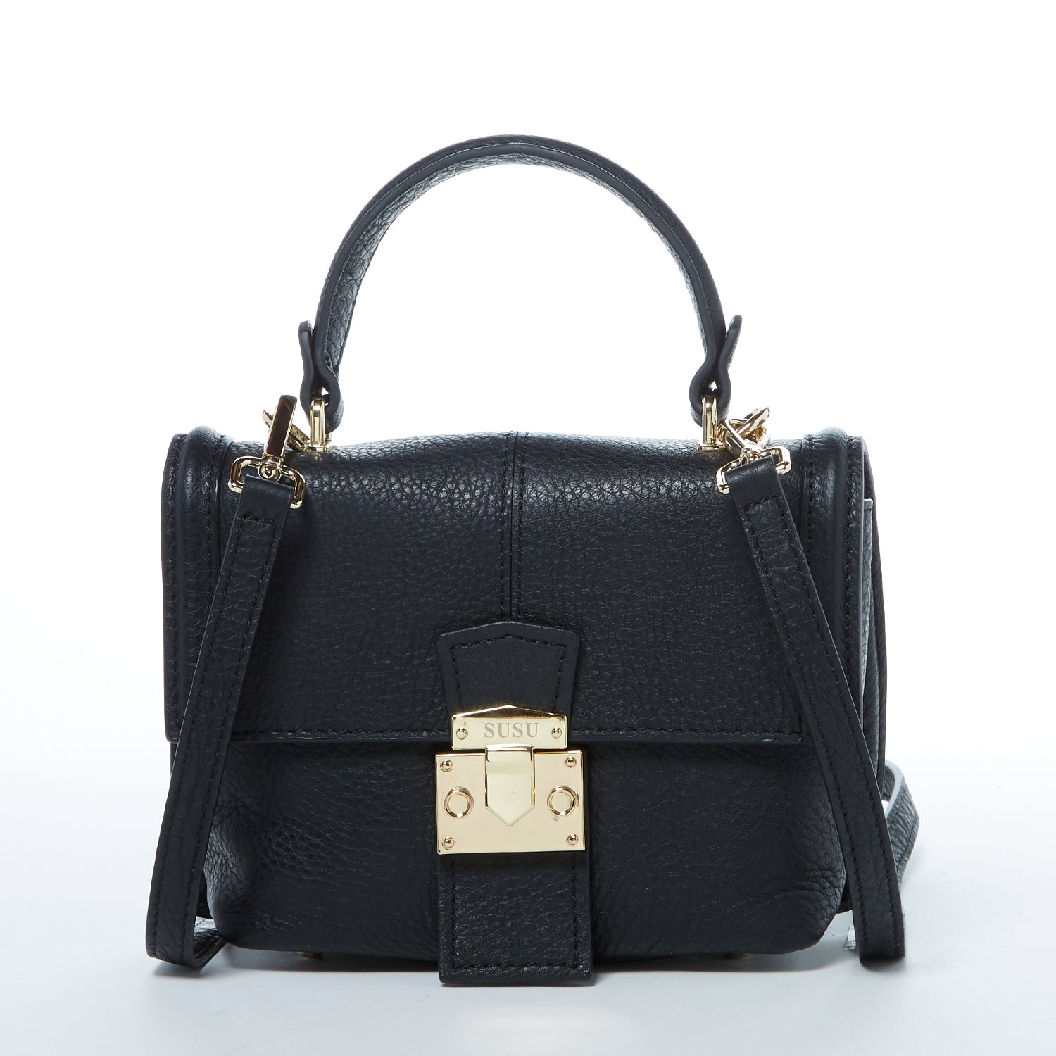 Linda Black Crossbody Backpack Purse made of soft Italian pebble leather with gold hardware, showcasing its stylish design and versatility.