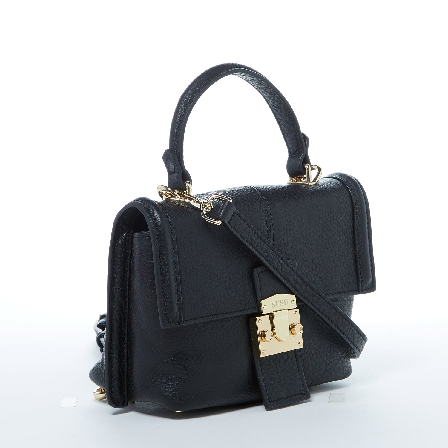 Linda Black Crossbody Backpack Purse made of soft Italian pebble leather with gold hardware, showcasing its stylish design and versatility.