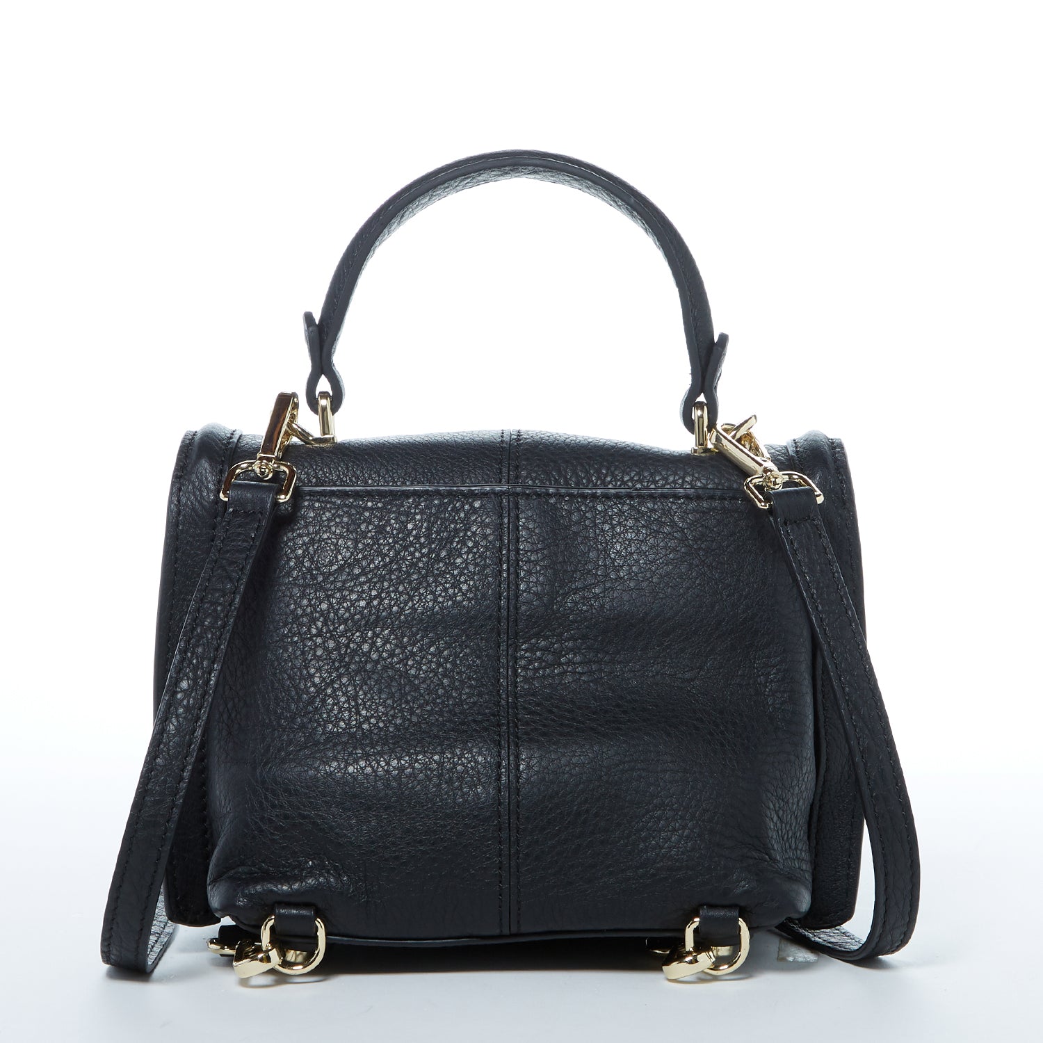 Linda Black Crossbody Backpack Purse made of soft Italian pebble leather with gold hardware, showcasing its stylish design and versatility.